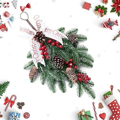Pine Needle Door Wreath with Red Fruit, 22in Christmas Swag Decoration