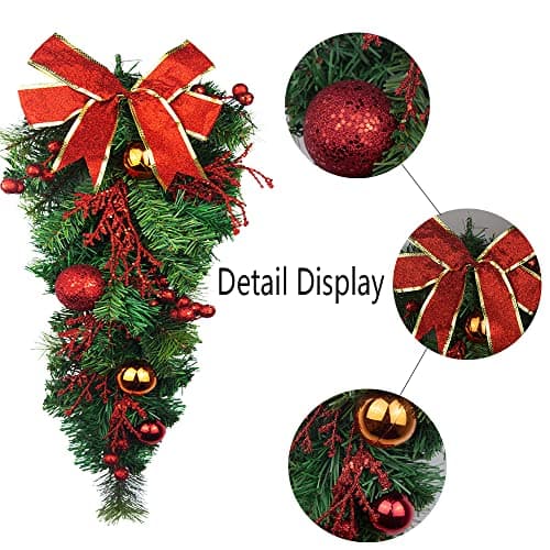 Artificial Christmas Teardrop Swag with Pine Cones and Bow for Indoor/Outdoor Home Hanging