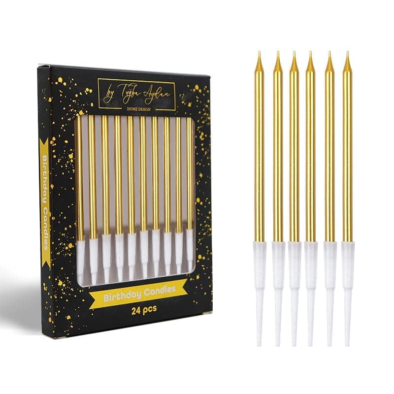 Birthday Candles - 24 Count Long Thin Rainbow Candles for Cake, Metallic Cake Candle for Birthday, Party