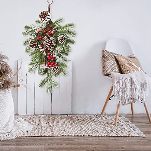 2Pcs Winter Christmas Teardrop Swag with Berries Pine Cones Home Decor