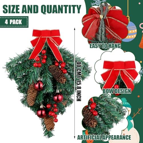 Hiboom 4 Pcs Christmas Teardrop Swag Ornament with Red Bowindoors & outdoors