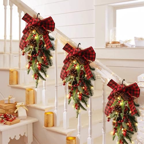 RECUTMS Christmas Teardrop Swag with Pine Leaves and Red Berries