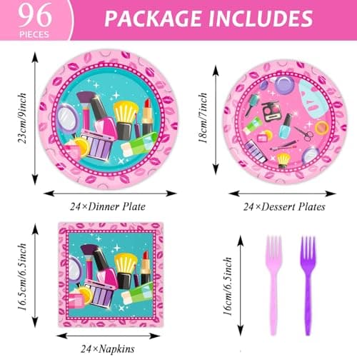 96 PC Spa Birthday Party Plates Napkins Supplies Set for Girls & Baby Shower Decorations