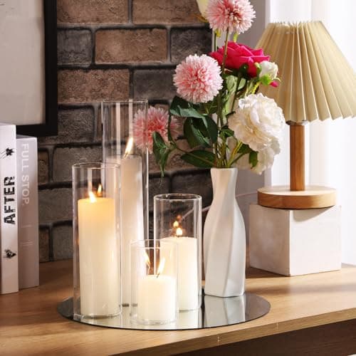 Elegant White Pillar Candles and Glass Cylinder Vases for Home Decor