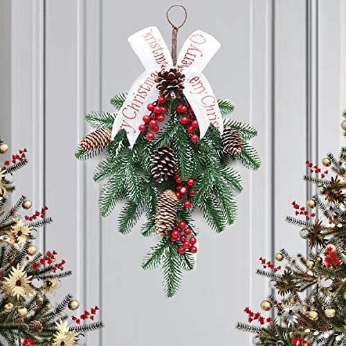 Pine Needle Door Wreath with Red Fruit, 22in Christmas Swag Decoration