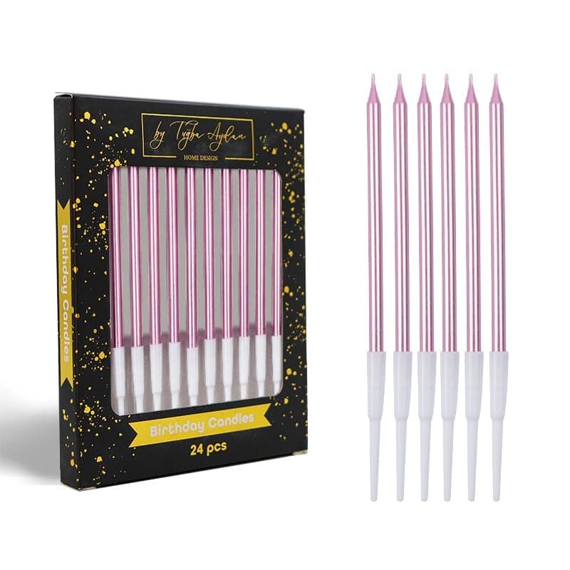Birthday Candles - 24 Count Long Thin Rainbow Candles for Cake, Metallic Cake Candle for Birthday, Party