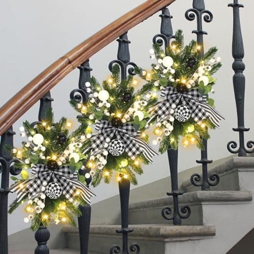 Hotop Black & White Prelit Teardrop Christmas Wreaths Staircase Decoration