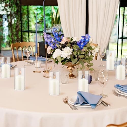6-Pack Open-Ended Hurricane Candleholders with Pillar Candles & Bottomless Glass Shades in Clear Cylinder ChimneyTube