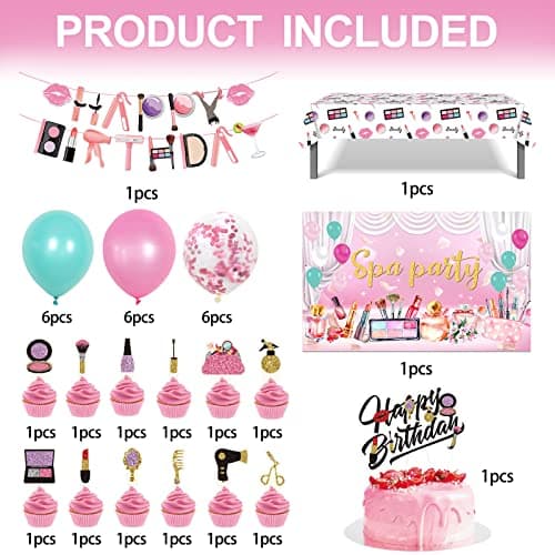 Spa Birthday Party Supplies for Girls: Cake Toppers, Balloons, Backdrop, Tablecloth, Banner