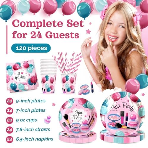 Spa Birthday Party Decorations, 120PCs Disposable Tableware | Relaxing Supplies for 24 Guests