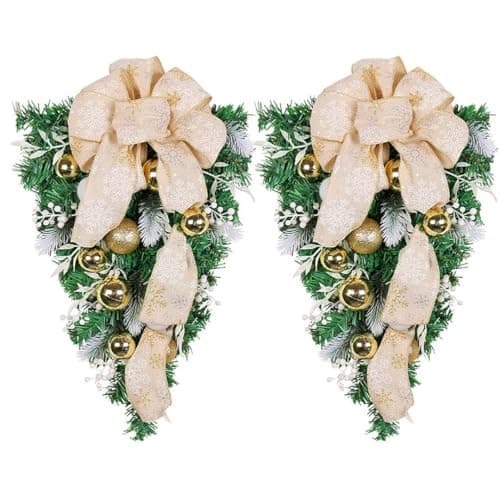2Pcs Red Bow Christmas Teardrop Swag Garland, DIY Holiday Wall Decor