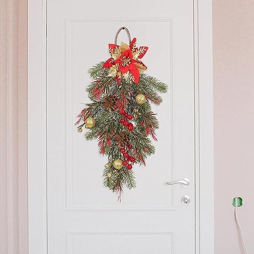 Red Artificial Teardrop Swag Wreath for Christmas Party Decor