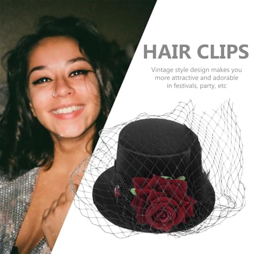 BESPORTBLE Victorian Mini Top Hat - Classic Black Hair Clip with Red Rose and Veil