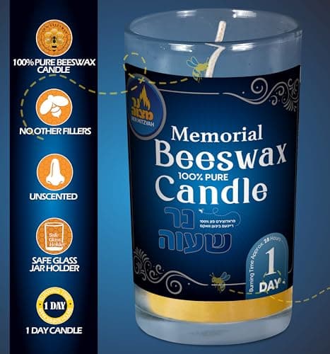 24 Hour Ner Mitzvah Beeswax Yartzeit Candle - 2 Pack Glass Jar Kosher