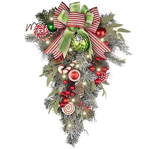 Valery Madelyn 24 Inch Red Green White Outdoor Elf Mailbox Swag with 20 LED Lights