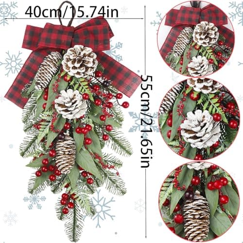 CISDUEO Red Berry & Pinecone Christmas Teardrop Swag for Front Door
