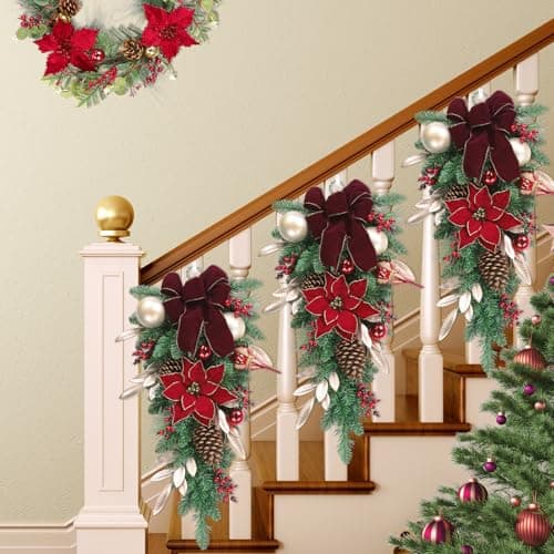 SHACOS 30" Christmas Teardrop Swag - Red Poinsettia & Accents