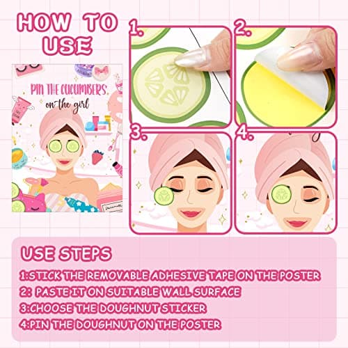 Spa Party Games: 38 Pieces Pin The Cucumbers on The Girl Spa Stickers Poster with Blindfolds for Kids, Women Spa Birthday Party Supplies