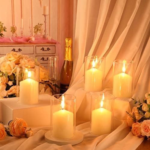 6-Piece White Pillar Candles with Hurricane Glass Cylinder Vases
