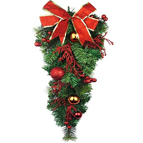 Artificial Christmas Teardrop Swag with Pine Cones and Bow for Indoor/Outdoor Home Hanging