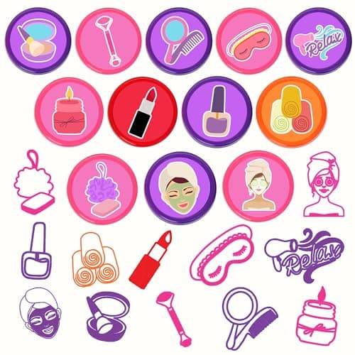 36PCS Spa Party Favors: 24 Temporary Tattoos + 12 Stamps for Makeup Sleepovers & Birthday Decorations