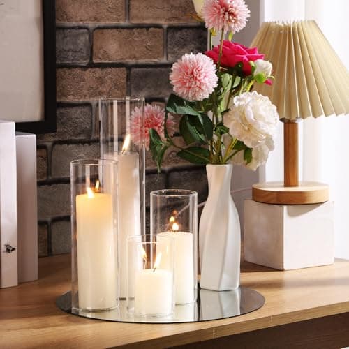 Shihanee Set of 8 Pillar Candles & Glass Vases for Home Decor (White)