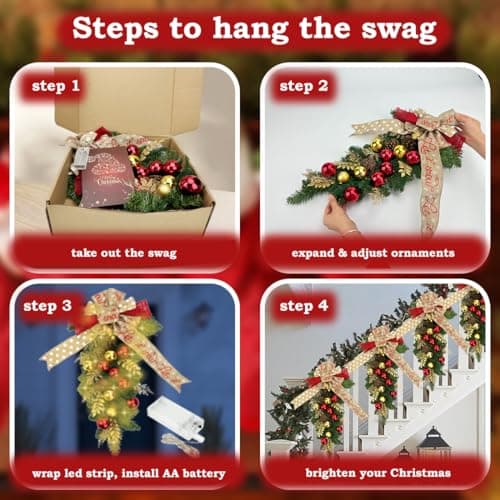Red & Gold LED Christmas Wreath & Garland Teardrop Swag Outdoor Decor
