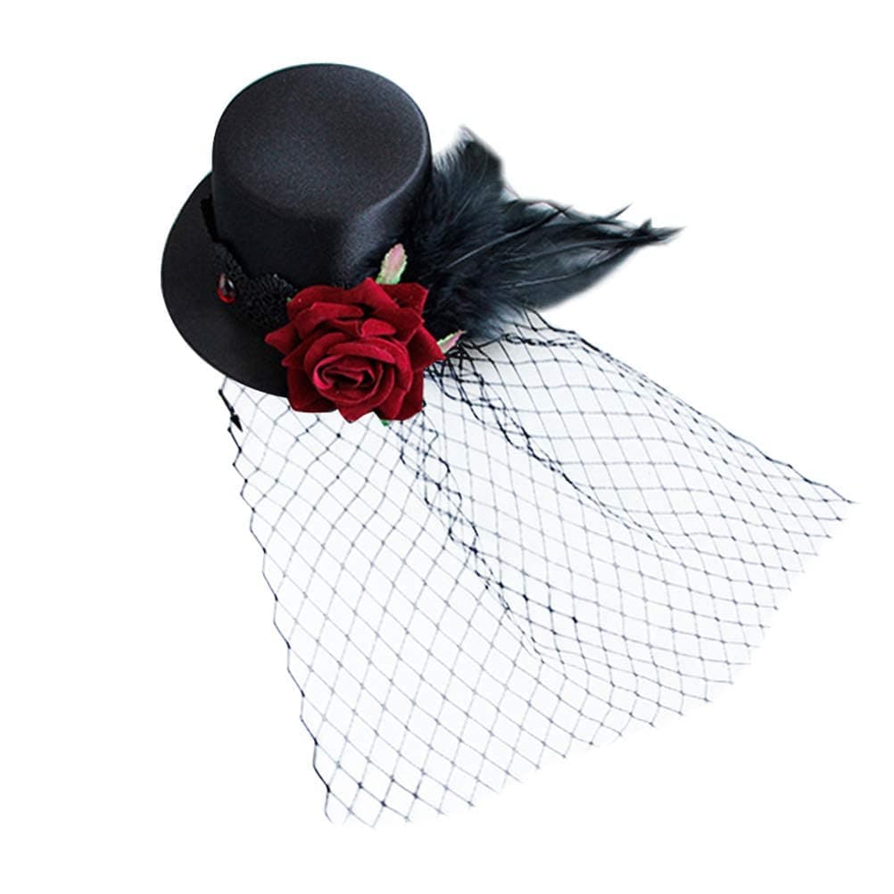 LEORX Black Veil Top Hat Hair Clip with Flower Decor for Masquerade and Halloween