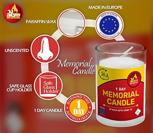 6 Pack 24 Hour Kosher Ner Mitzvah Yahrtzeit Memorial Candle Glass Jar