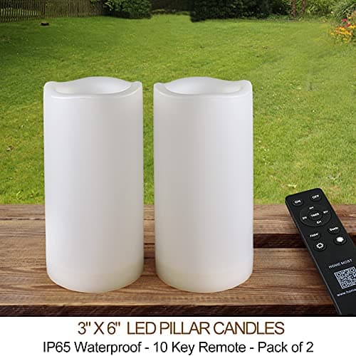 2-Pack White 3x6 LED Pillar Candles - Outdoor IP65 Waterproof Timer & Remote Operated