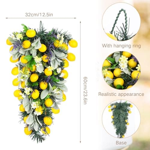 Zeyune 24 Inch Artificial Lemon Teardrop Wreath with Flowers for Front Door Decor