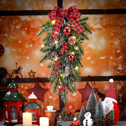 Warm Lighted 3PC Christmas Teardrop Swag Wreath for Door and Indoor/Outdoor Home Decor