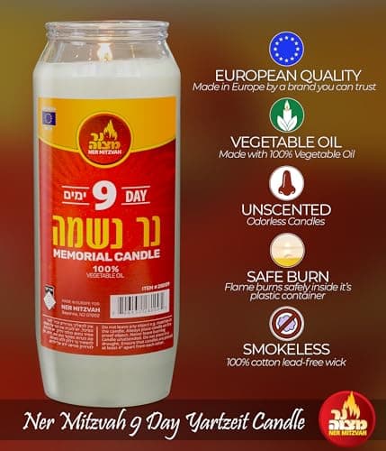 Ner Mitzvah 9-Day Yahrtzeit Memorial Candle, Kosher, Plastic Holder