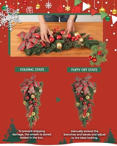 24" Plaid Bow Teardrop Wreath for Christmas Home Decor Outdoor