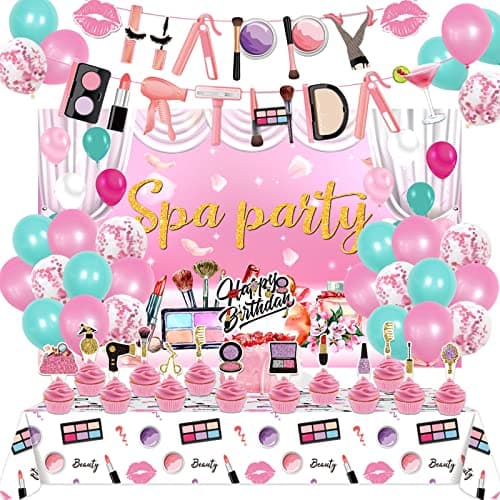 Spa Birthday Party Supplies for Girls: Cake Toppers, Balloons, Backdrop, Tablecloth, Banner