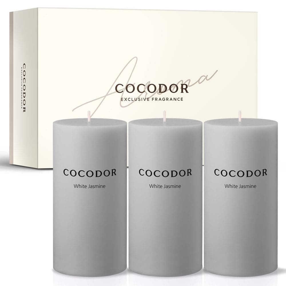 COCODOR White Jasmine Scented Pillar Candles, Set of 3, 85 Hours Burn Time