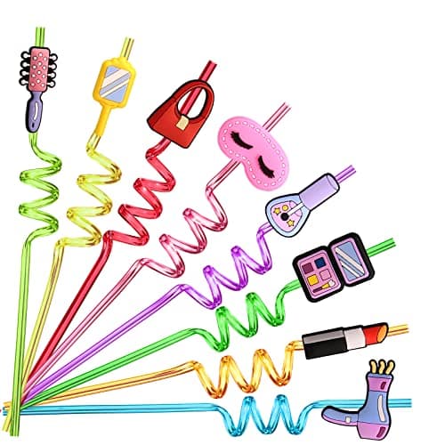 Reusable Pink Plastic Straws for Kids Spa Birthday Party Favors with Cleaning Brushes