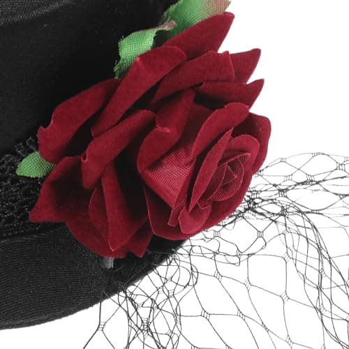 LEORX Black Veil Top Hat Hair Clip with Flower Decor for Masquerade and Halloween