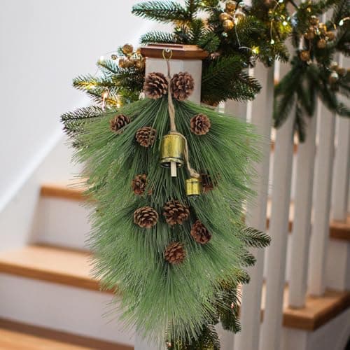 Giegxin 2 Pack 22 Christmas Pine Needle Teardrop Swags with Pinecones and Bells for Home Decor
