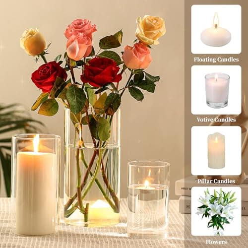 Hurricand 3PCS Glass Pillar Candle Holder for Weddings and Centerpieces