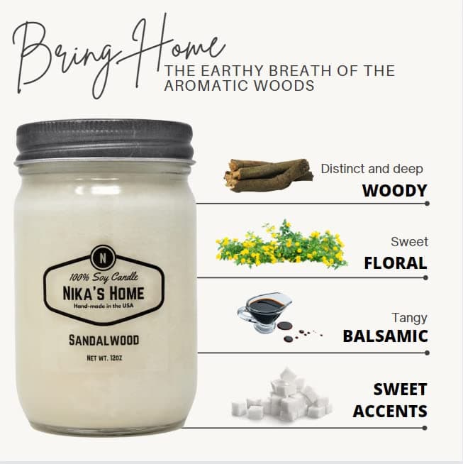 Nika's Handmade Sandalwood Soy Candle, 12oz Mason Jar, Long Burning 50+ Hours