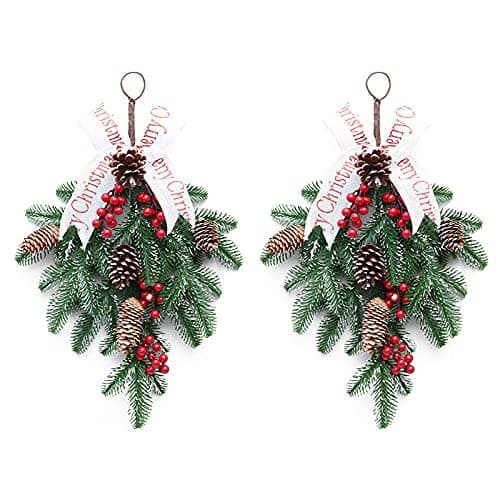 2pcs Red Berry Snow Teardrop Wreaths & Picks, Faux Winter Pine Cones Ribbon Bow, 19.5in Xmas Swag for Front Door