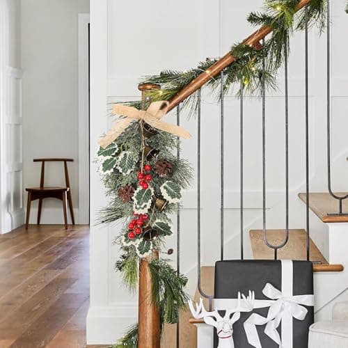 MOTUZP Christmas Teardrop Swags Artificial Pine Garland with Red Berries