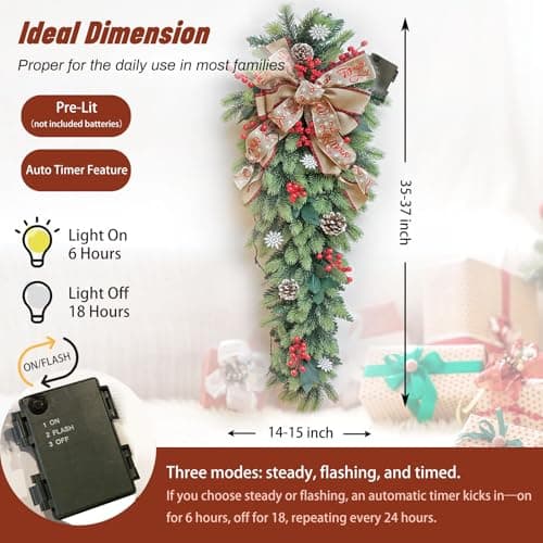 36 Inch Natural Pine Teardrop Swag Wreath for Holiday Décor