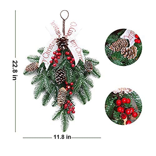 Pine Needle Door Wreath with Red Fruit, 22in Christmas Swag Decoration