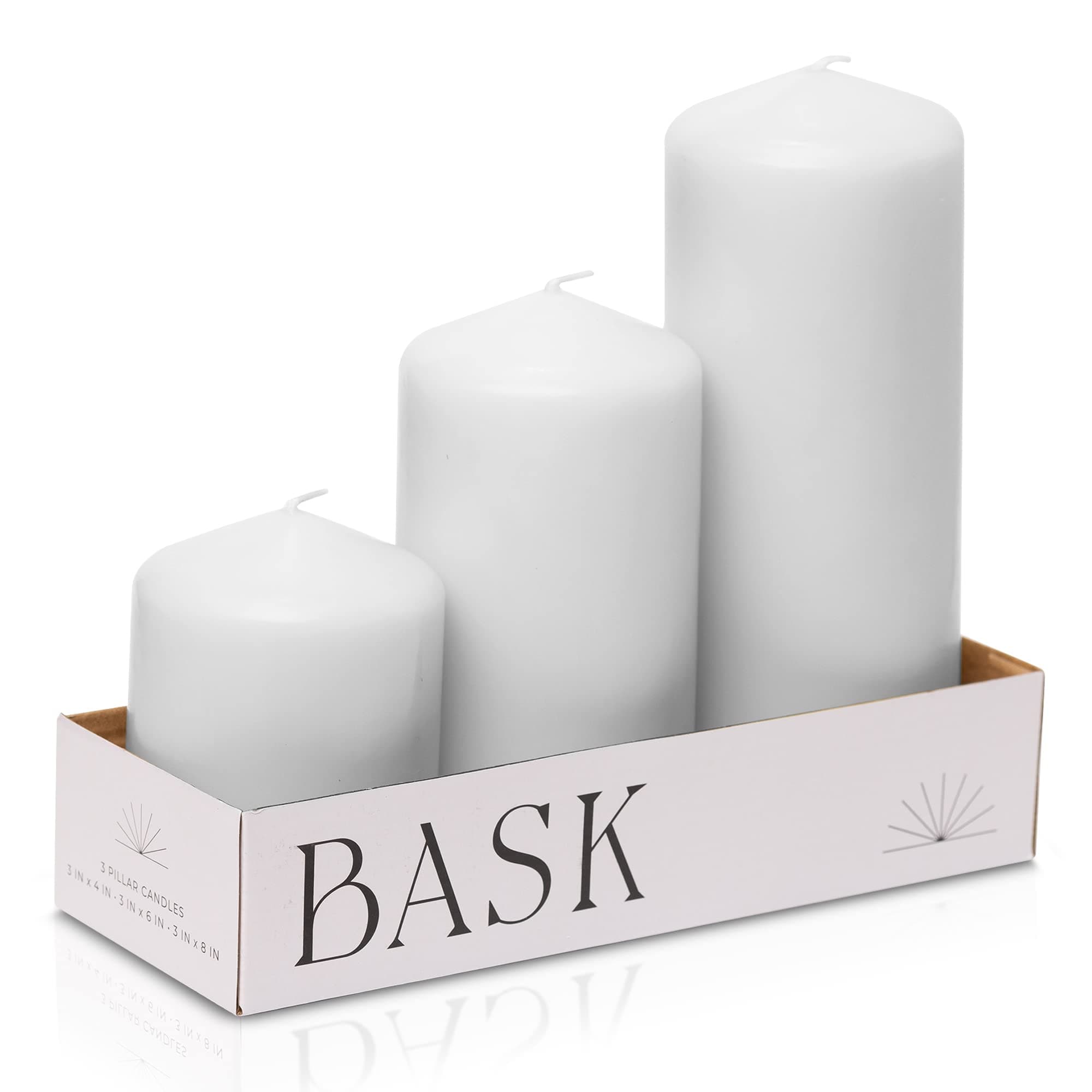 Elegant White Pillar Candles - Set of 3 - 3"x4", 3"x6", 3"x8" - Smokeless & Dripless