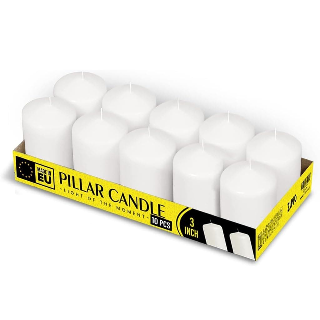 Slow-Burning 3-Inch White Unscented Pillar Candles - Bulk Pack (Pack of 10)