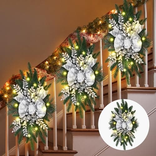 Hiboom 3 Pack 24 Inch Teardrop Prelit Christmas Swags with LED Lights