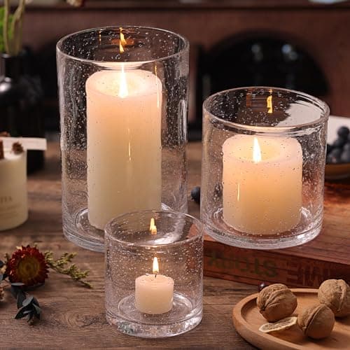 Hurricane Candle Holder Set of 3 Clear Seeded Bubbles Glass for Table Centerpiece