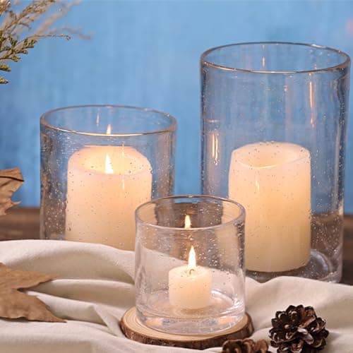 Hurricane Candle Holder Set of 3 Clear Seeded Bubbles Glass for Table Centerpiece